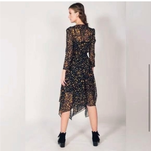 Maje Navy & Yellow Spotted Print Long Sleeve Midi Dress - Picture 3 of 11